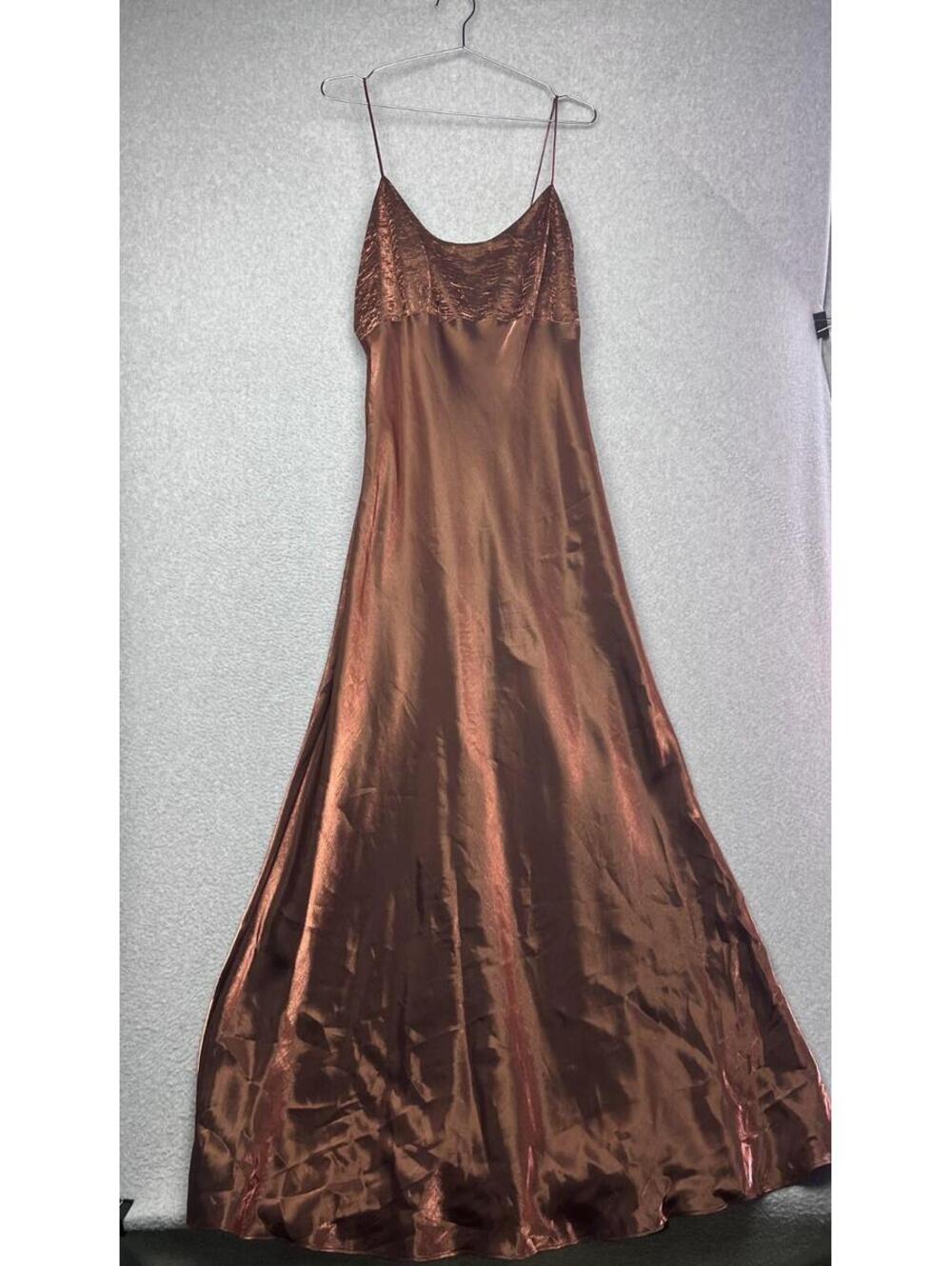 VTG 90s y2k Brown Metallic Slip Satin Maxi Fairy Grunge Whimsigoth Prom Dress